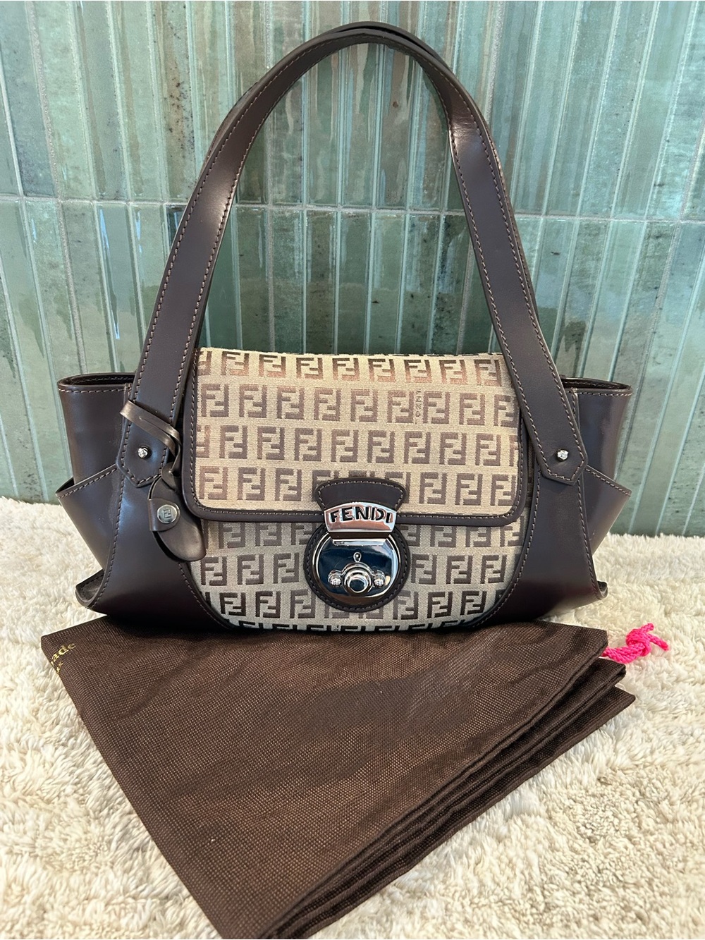 Fendi Zucchino FF Borsa Tuc Beige & Brown Shoulder Bag